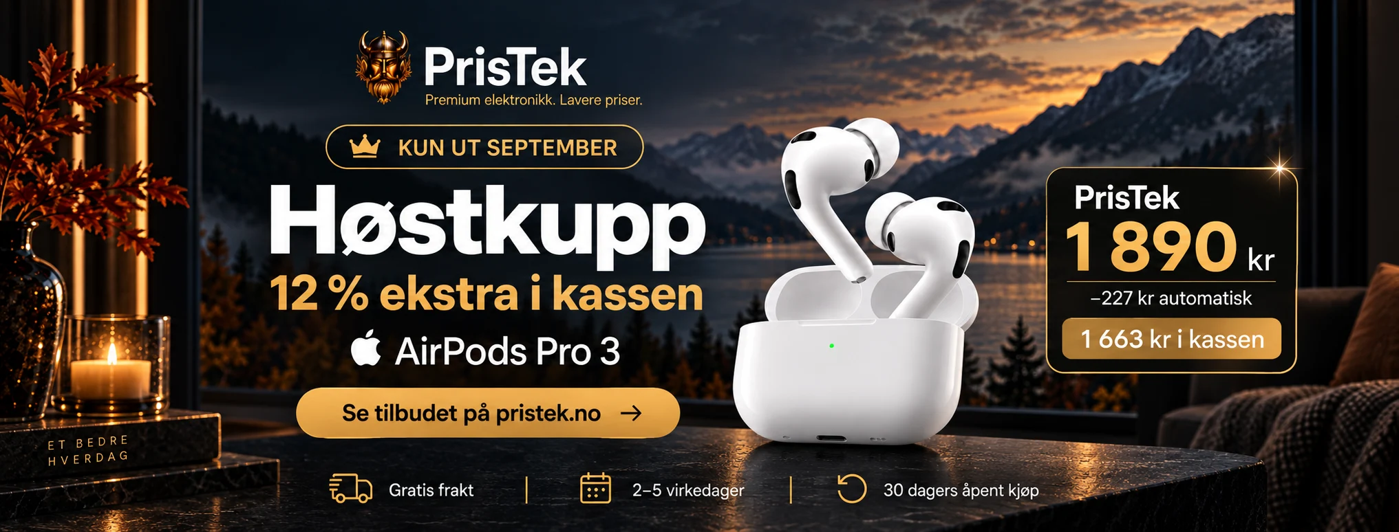 Høstkupp hos PrisTek: AirPods Pro 3 ved en norsk fjord i høstlys.