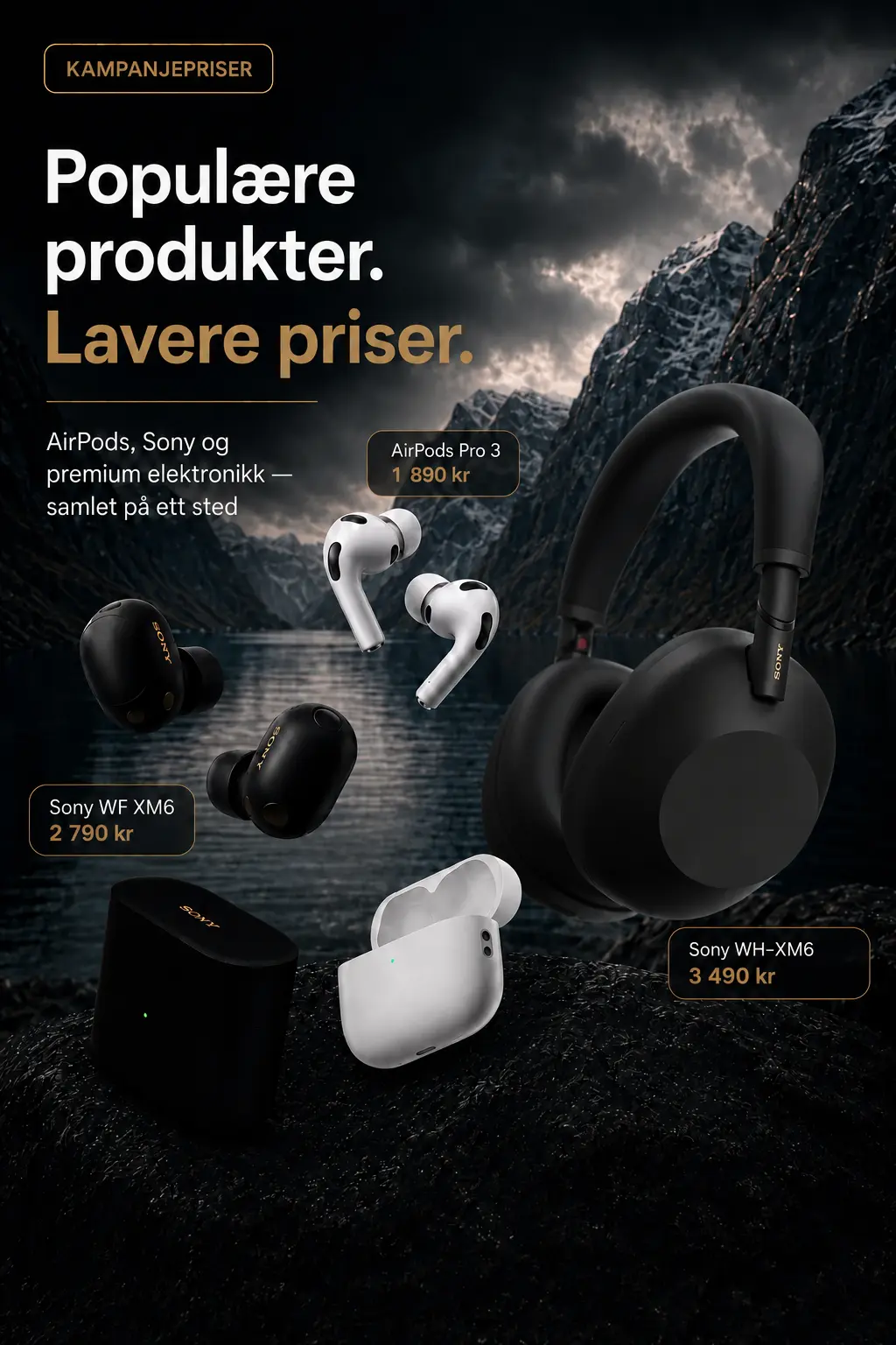 Populære produkter. Lavere priser. AirPods, Sony og premium elektronikk samlet på ett sted.