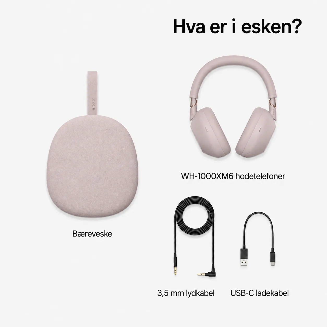 Sony WH-1000XM6 hva er i esken sandrosa